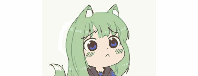 a cartoon girl with green hair and cat ears is making a sad face