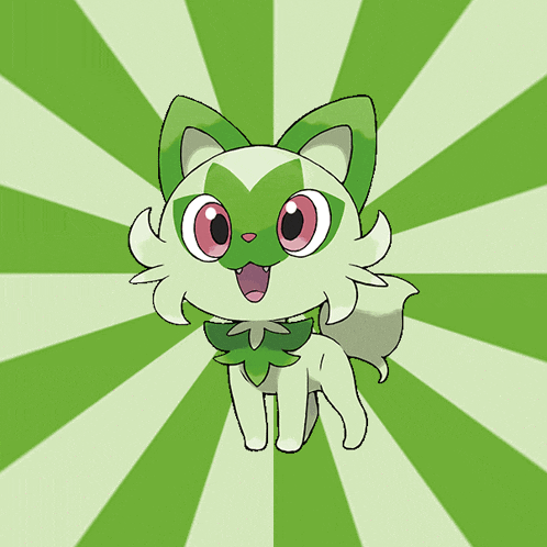 a cartoon drawing of a cat with green and white fur and pink eyes