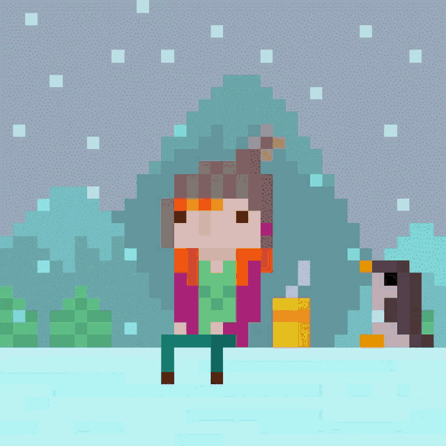 a pixel art drawing of a girl and penguins