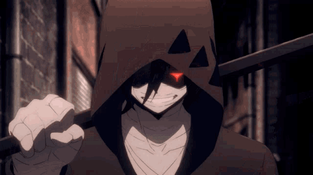 a man with a hood and red eyes holding a stick