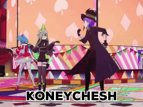 a group of anime characters are dancing in front of a sign that says koneychesh
