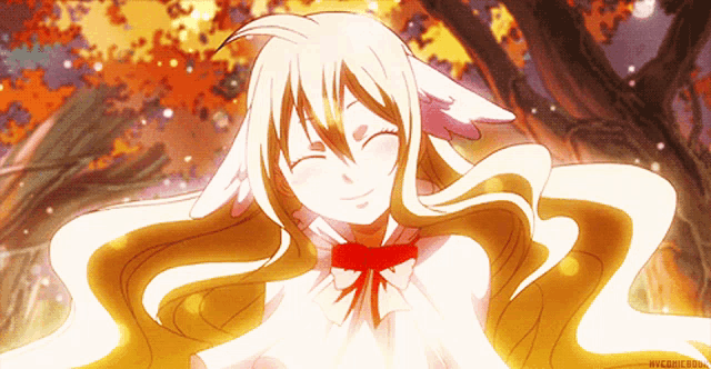 a drawing of a girl with long blonde hair and a red bow on her neck