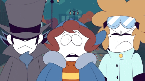 three cartoon characters are standing next to each other with one wearing a top hat and goggles