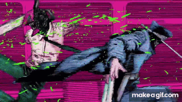a man with a chainsaw is fighting a police officer with a sword .