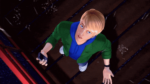 a boy in a green jacket and blue hoodie looks up at the camera
