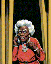 a cartoon drawing of an elderly woman talking on a phone