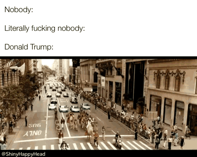 a picture of a street with a caption that says nobody literally fucking nobody and donald trump