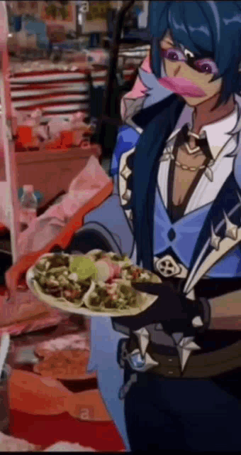 a cartoon character is holding a plate of food in his hand .
