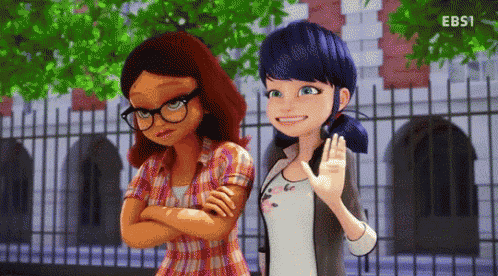 a couple of cartoon characters are standing next to each other and waving at the camera .