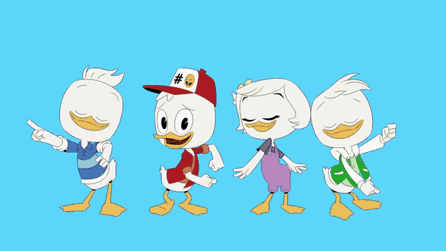 four cartoon ducks are standing next to each other and one has a # on his hat