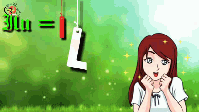 a girl is standing in front of a green background with a letter l hanging from a hook