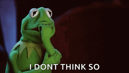 kermit the frog is holding his hand to his chin and saying " i dont think so "