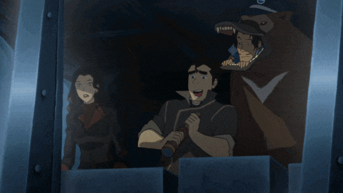 a group of cartoon characters are looking out of a window and one of them has a badge that says army on it