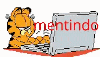 garfield is sitting in front of a laptop with the word mentindo written on it .