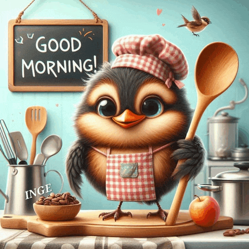 a bird with a chef hat and apron is holding a wooden spoon in front of a sign that says good morning