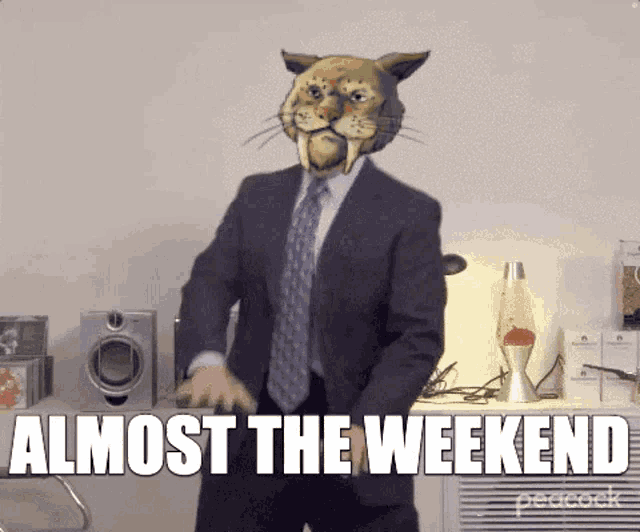 a man in a suit and tie has a cat mask on his head and the words " almost the weekend " above him