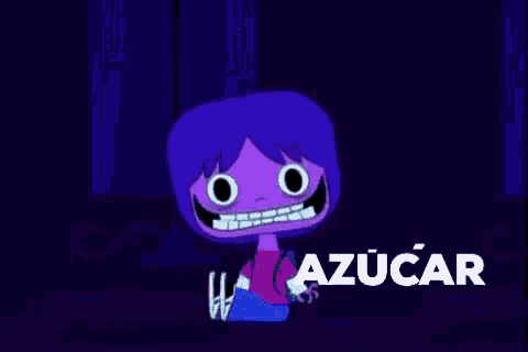 a cartoon character with purple hair and the word azucar in the background