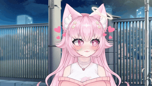 a girl with pink hair and hearts on her ears stands in front of a fence