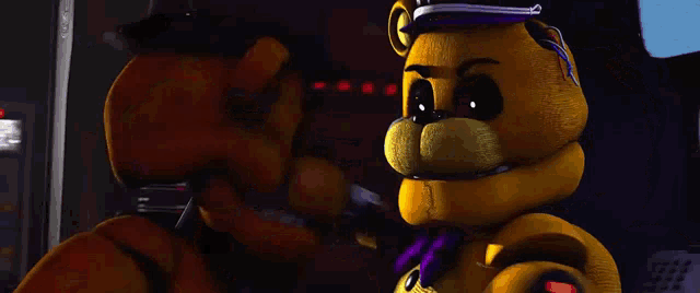 a close up of a teddy bear with a purple scarf around its neck .