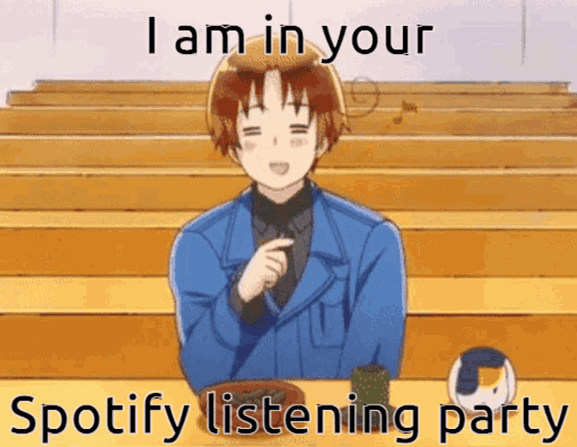 a man sitting at a table with the words i am in your spotify listening party on the bottom