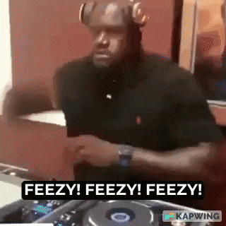 a man wearing headphones is dancing in a room with the words feezy ! feezy ! feezy ! below him