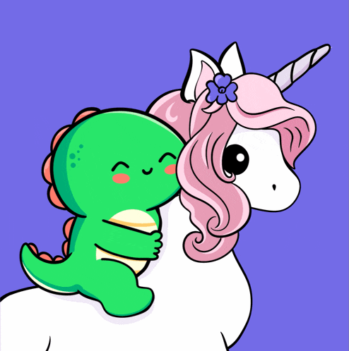 a cartoon of a green dinosaur hugging a pink unicorn