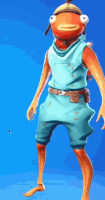 a fish with a hat on is standing on a blue surface
