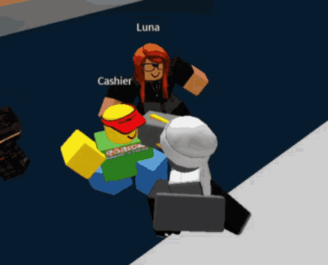 luna and cashier are standing next to each other in a game