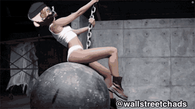 a cartoon of a woman sitting on a ball with the hashtag @wallstreetchas on the bottom