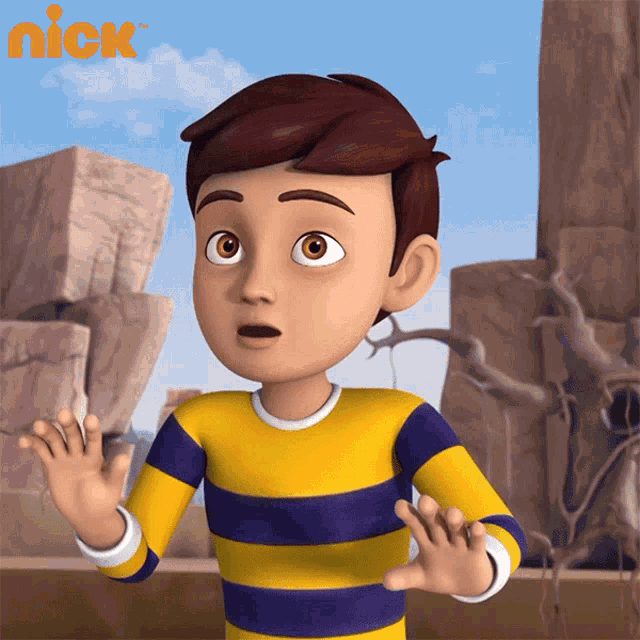 a boy in a yellow and purple striped shirt is standing in front of rocks and a nick logo