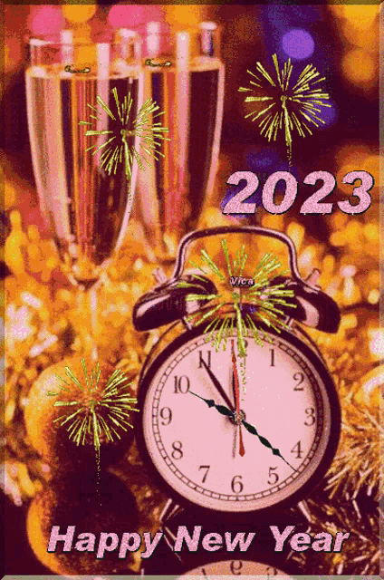 a happy new year card with a clock and champagne glasses