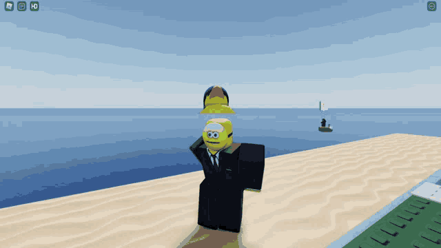 a screenshot of a video game shows a man in a suit with a duck on his head