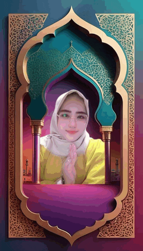 a woman wearing a hijab and glasses is standing in a frame