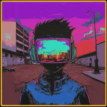 a drawing of a person wearing headphones and a virtual reality headset