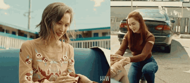 a woman is sitting on a couch next to a car and the word haw is on the bottom