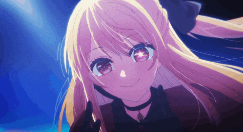 a close up of a blonde anime girl with a choker around her neck