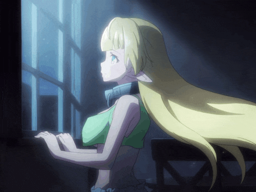 a girl with long blonde hair and a green top is looking out a window