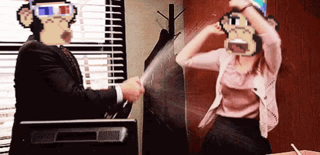 a man and a woman wearing 3d glasses are fighting