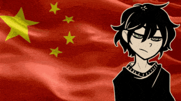 a black and white drawing of a person in front of a flag