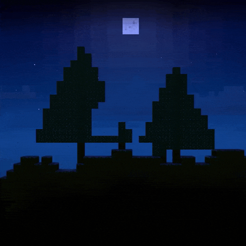 two trees are silhouetted against a blue sky with a full moon