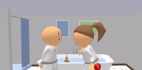 a cartoon character in a bathroom with the letter d on the bottom