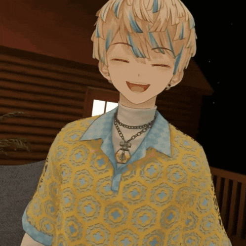 a boy wearing a yellow shirt and a blue and white necklace smiles with his eyes closed