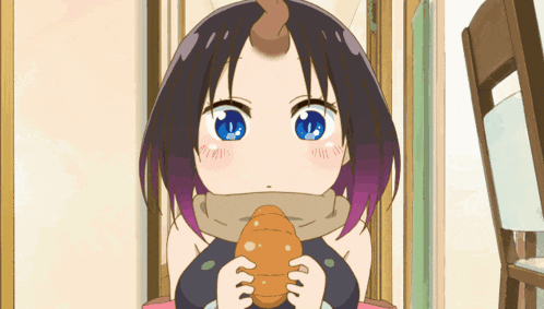 a girl with purple hair and blue eyes is holding a bread
