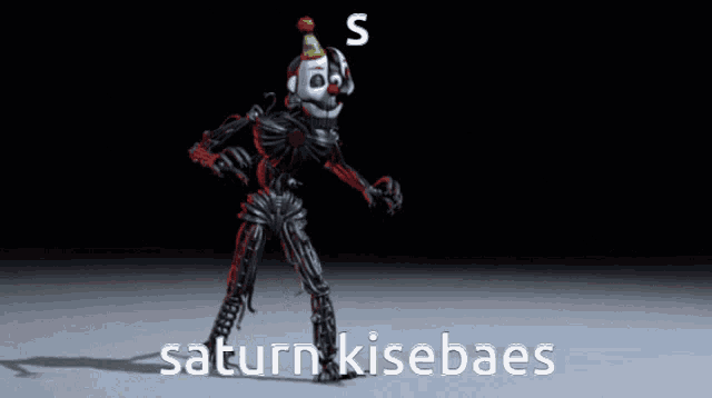 a skeleton with a clown hat is dancing with the words saturn kisebaes on the bottom