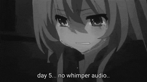 a black and white photo of a crying anime girl with the words `` day 5 ... no whimper audio ... '' .