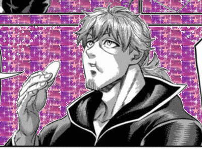 a black and white drawing of a man holding something in front of a purple background