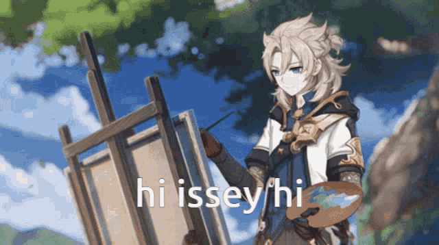 a cartoon character is holding a palette and a brush in front of an easel with the words hi issey / hi below him
