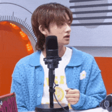 a young man is sitting in front of a microphone .