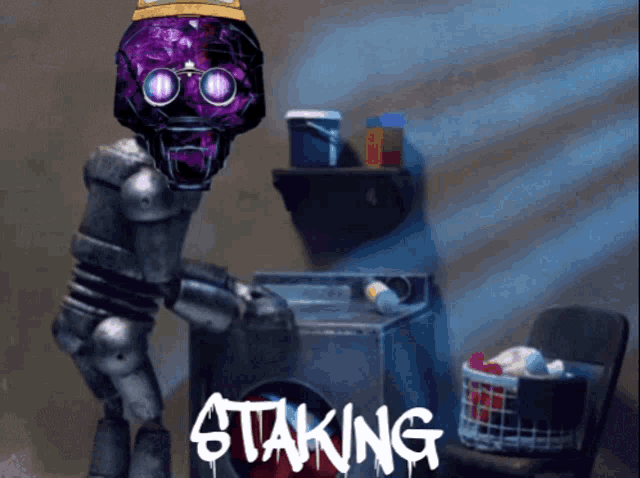 a robot with a purple head is standing next to a washing machine with the words staking written on it