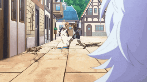 a couple of anime characters standing on a sidewalk in front of a building